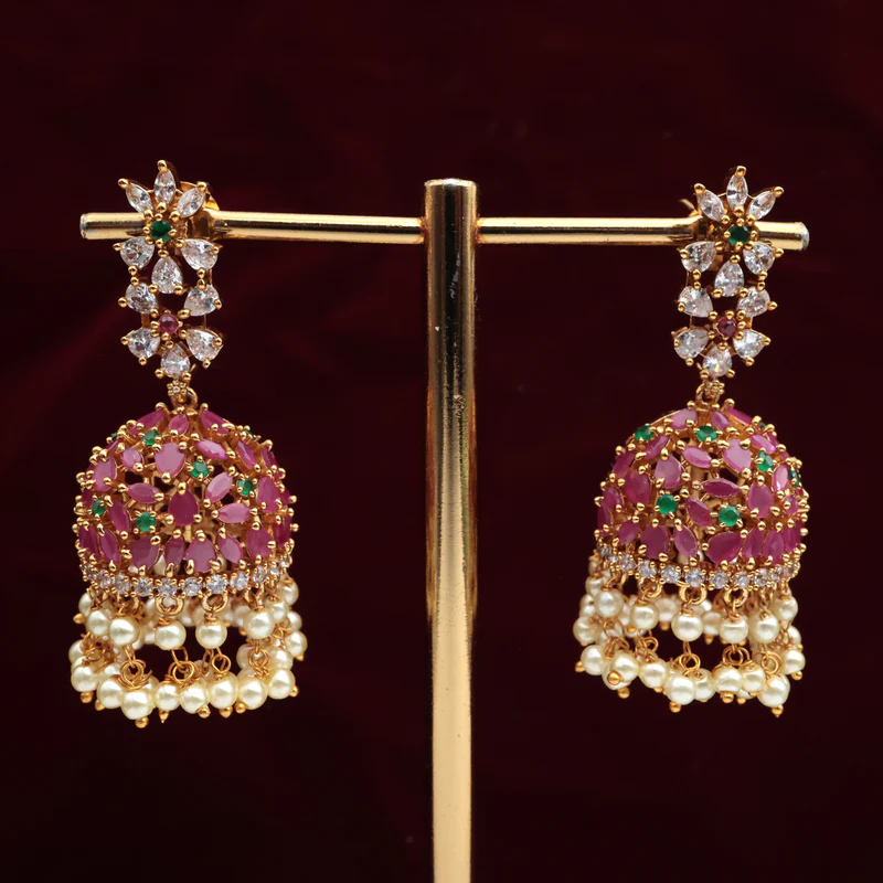 Flowers Drop AD Bridal Jhumkas - Ruby & Green